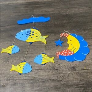 Wood Blue and Yellow Fish Mobile Moon Mobile From Poland